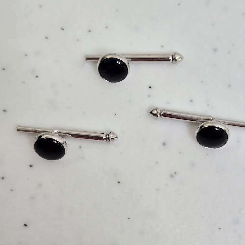 Swank Tuxedo Studs Black Silver Tone Black Onyx Stone Circle Shiny